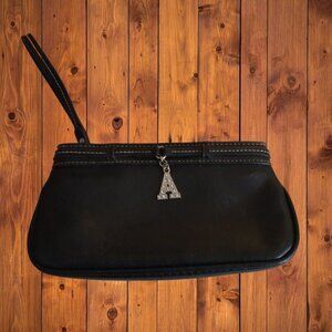 Black Vinyl Wristlet Wallet "A" Beaded Accent Zip Closure